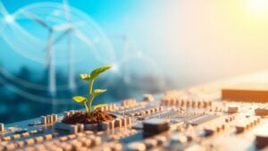 Green seedling growing from a circuit board with futuristic energy structures.