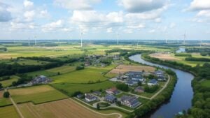 Dutch landscape with green buildings and renewable energy