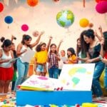 Young artists creating colorful art together globally