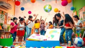 Young artists creating colorful art together globally