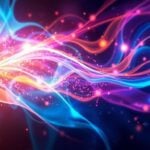 Abstract digital art with glowing particles and fluid shapes.