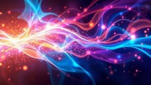 Abstract digital art with glowing particles and fluid shapes.