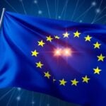 European flag with abstract network lines.