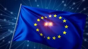 European flag with abstract network lines.
