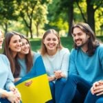 Ukrainian youth gathered outdoors, smiling and collaborating