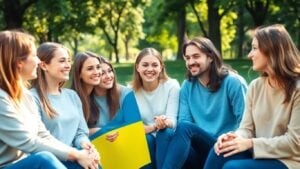 Ukrainian youth gathered outdoors, smiling and collaborating