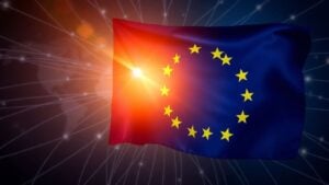 European flag with abstract network lines.