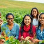 Women and youth in a lush agricultural field.