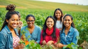 Women and youth in a lush agricultural field.