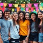 Smiling Hispanic teens at a festive outdoor celebration