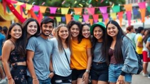 Smiling Hispanic teens at a festive outdoor celebration
