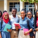 Nigerian students in uniforms smiling together outside school