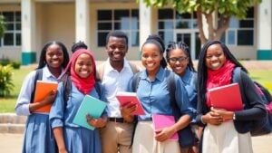 Nigerian students in uniforms smiling together outside school