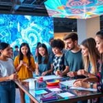 Young diverse creators at futuristic digital art festival
