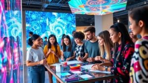 Young diverse creators at futuristic digital art festival