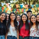 Smiling Hispanic teens in festive attire outdoors celebrating