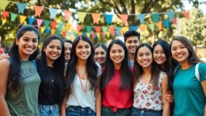 Smiling Hispanic teens in festive attire outdoors celebrating