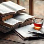 Cozy writing setup with books, pen, and tea