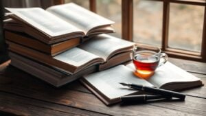 Cozy writing setup with books, pen, and tea