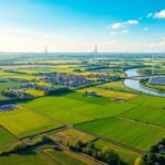 Sustainable Dutch landscape with wind turbines and green fields.