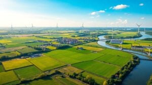 Sustainable Dutch landscape with wind turbines and green fields.