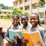 Nigerian students in uniforms smiling outside school building