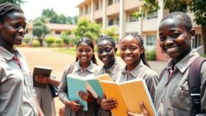 Nigerian students in uniforms smiling outside school building