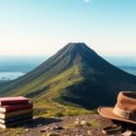 Volcano with books and explorer hat symbolizes literary journey