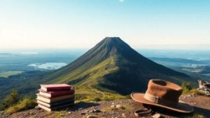 Volcano with books and explorer hat symbolizes literary journey