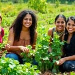 Women and youth collaborating in a bright farm setting