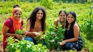 Women and youth collaborating in a bright farm setting
