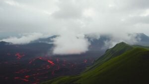 Dramatic volcano landscape with green hills and mist.